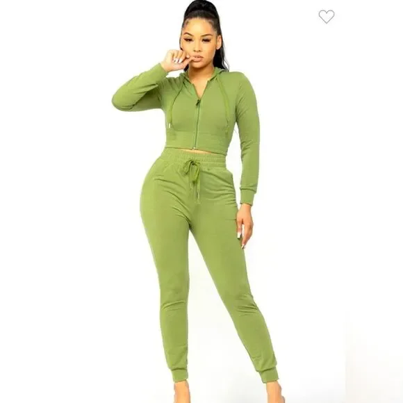 119. Light Olive Crop Top Zip Hoodie & Joggers with Drawstring and Pockets Set - Picture 1 of 3